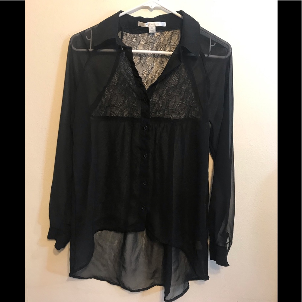 Black sheer button down collar lace blouse XS